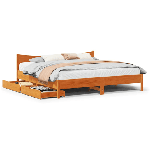 Estrutura de Cama de casal simple c gavetas 180x200 cm pinho castanho cera