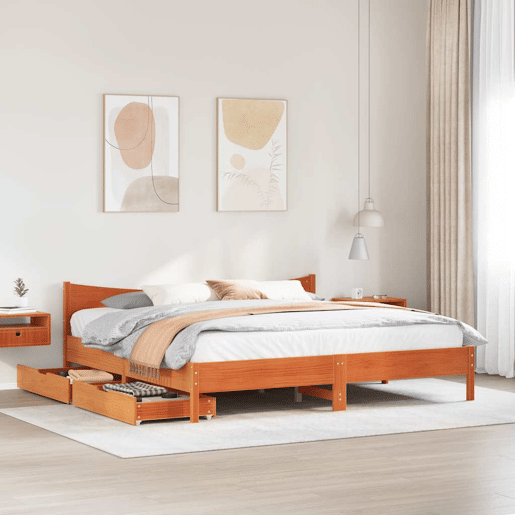 Estrutura de Cama de casal simple c gavetas 180x200 cm pinho castanho cera