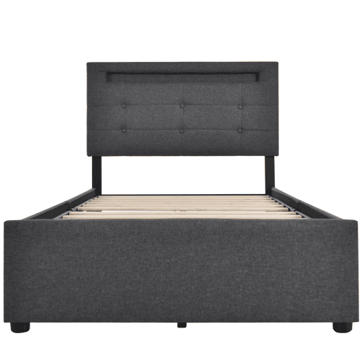 Cama estofada 90x200cm - Com LED, 2 gavetas, Cabeceira ajustável, Estrutura em madeira - Cinza