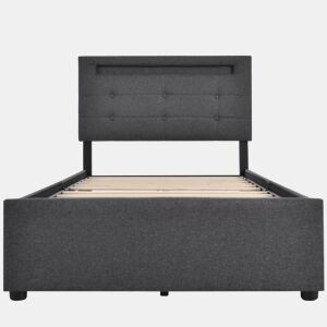 Cama estofada 90x200cm - Com LED, 2 gavetas, Cabeceira ajustável, Estrutura em madeira - Cinza