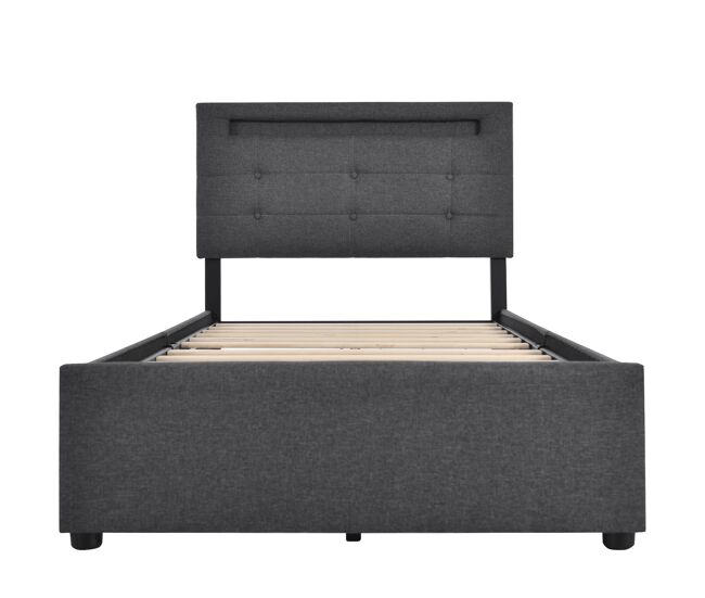 Cama tapizada 90x200cm - con led, 2 cajones, cabezal ajustable, estructura de madera - gris