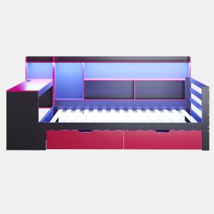 Sofá-cama de madeira 90x200 - Secretária, estantes, arrumação, iluminação, tomadas - Preto+Vermelho