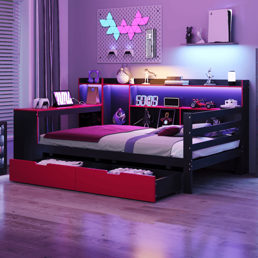 Sofá-cama de madeira 90x200 - Secretária, estantes, arrumação, iluminação, tomadas - Preto+Vermelho