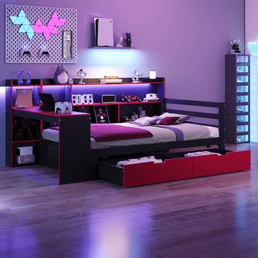 Sofá-cama de madeira 90x200 - Secretária, estantes, arrumação, iluminação, tomadas - Preto+Vermelho