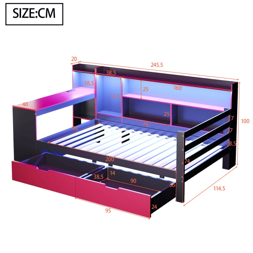 Sofá-cama de madeira 90x200 - Secretária, estantes, arrumação, iluminação, tomadas - Preto+Vermelho