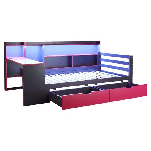 Sofá-cama de madeira 90x200 - Secretária, estantes, arrumação, iluminação, tomadas - Preto+Vermelho