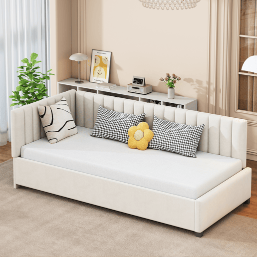 Cama individual estofada 90x200 cm - tecido aveludado - com estrado de molas - Bege