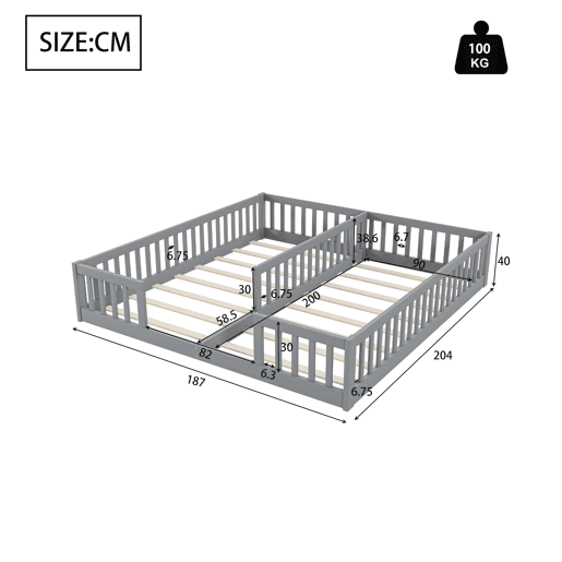 Cama infantil 90 x 200 cm - Com grade, com estrado, para famílias com dois filhos, pinho, estilo minimalista - Cinza