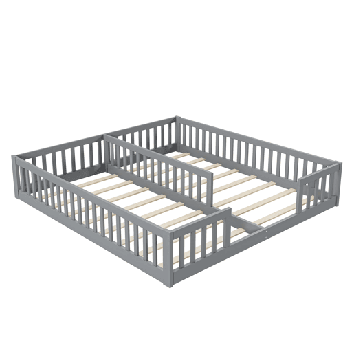 Cama infantil 90 x 200 cm - Com grade, com estrado, para famílias com dois filhos, pinho, estilo minimalista - Cinza