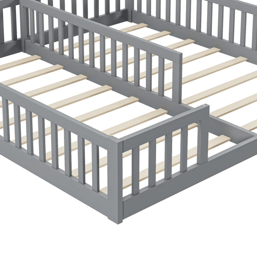 Cama infantil 90 x 200 cm - Com grade, com estrado, para famílias com dois filhos, pinho, estilo minimalista - Cinza
