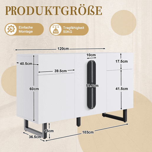Aparador 120 cm - Grande capacidade de armazenamento, gavetas e portas - Branco