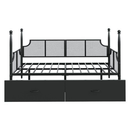 Sofá-cama 90x200 - Encosto em malha e braços estilo vintage, suporte alto em colunas, estrutura metálica com prateleiras - Preto