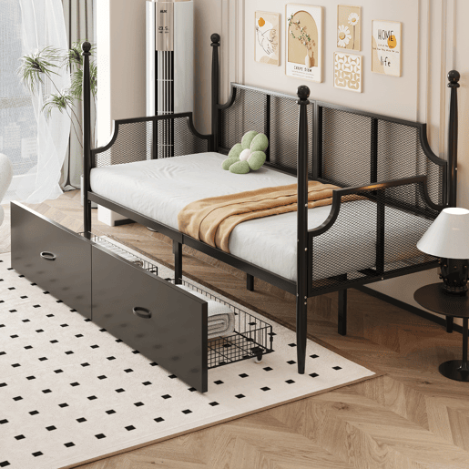 Sofá-cama 90x200 - Encosto em malha e braços estilo vintage, suporte alto em colunas, estrutura metálica com prateleiras - Preto