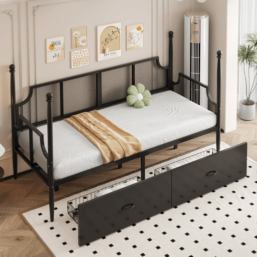Sofá-cama 90x200 - Encosto em malha e braços estilo vintage, suporte alto em colunas, estrutura metálica com prateleiras - Preto