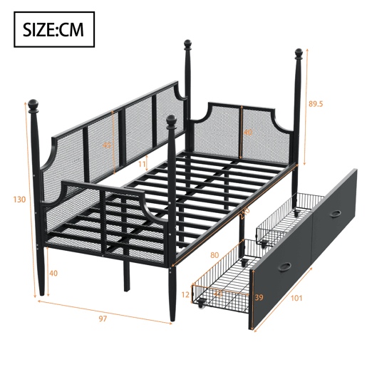 Sofá-cama 90x200 - Encosto em malha e braços estilo vintage, suporte alto em colunas, estrutura metálica com prateleiras - Preto