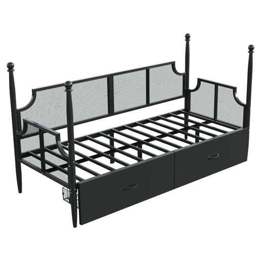 Sofá-cama 90x200 - Encosto em malha e braços estilo vintage, suporte alto em colunas, estrutura metálica com prateleiras - Preto