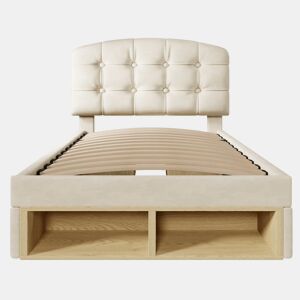 Cama individual 90x200 - estofada em veludo, cabeceira curva ajustável, com gavetas e espaço de arrumação - bege