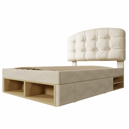 Cama individual 90x200 - estofada em veludo, cabeceira curva ajustável, com gavetas e espaço de arrumação - bege