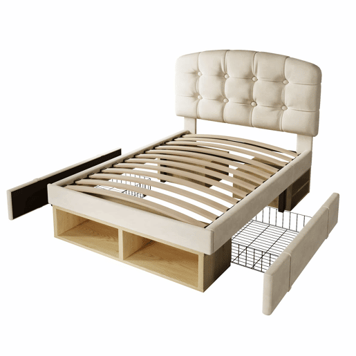 Cama individual 90x200 - estofada em veludo, cabeceira curva ajustável, com gavetas e espaço de arrumação - bege