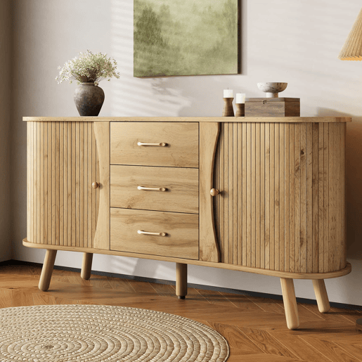 Aparador u2014 design com ranhuras, 2 portas de correr, 3 gavetas, compartimentos com altura ajustável, pés em madeira maciça, estilo escandinavo moderno, MDF - natural