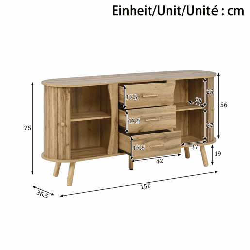 Aparador u2014 design com ranhuras, 2 portas de correr, 3 gavetas, compartimentos com altura ajustável, pés em madeira maciça, estilo escandinavo moderno, MDF - natural
