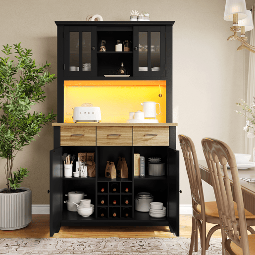 Aparador 106 x 40 x 179,5 cm - Vitrina com prateleiras ajustáveis e LED - Preto