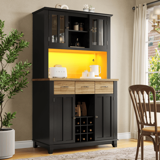 Aparador 106 x 40 x 179,5 cm - Vitrina com prateleiras ajustáveis e LED - Preto