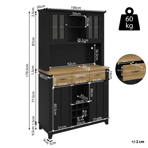 Aparador 106 x 40 x 179,5 cm - Vitrina com prateleiras ajustáveis e LED - Preto