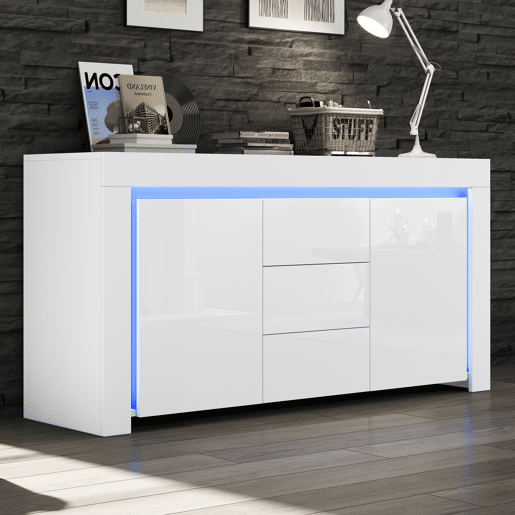 Aparador 140x40x65 cm - 3 gavetas, 2 portas, com LED - Branco