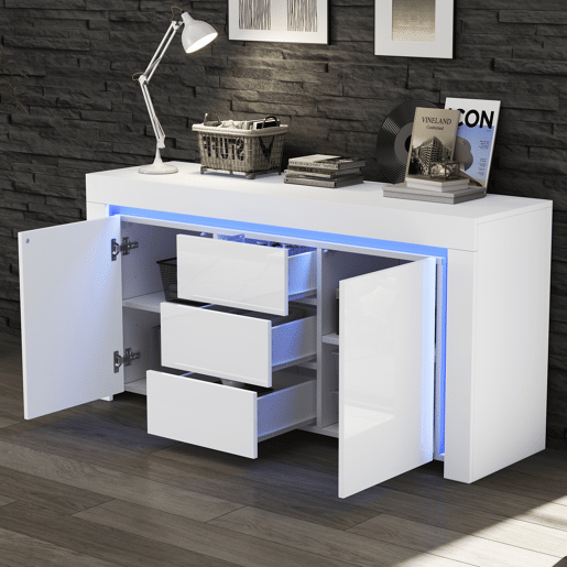 Aparador 140x40x65 cm - 3 gavetas, 2 portas, com LED - Branco