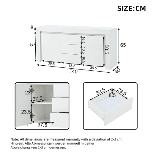 Aparador 140x40x65 cm - 3 gavetas, 2 portas, com LED - Branco