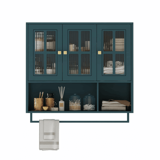 Armário de parede para casa de banho - 3 portas com arrumação aberta e oculta, porta de vidro e barra para toalhas - Verde escuro