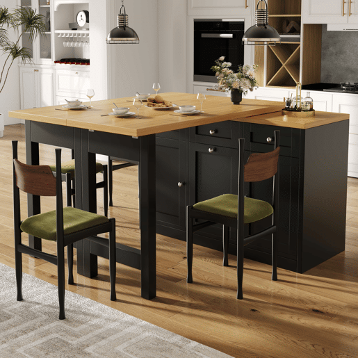 Mesa de bar extensível e dobrável com espaço de arrumação, gaveta e tabuleiro para snacks, suporte removível para cesto do lixo, design que poupa espaço para apartamentos e cozinhas pequenas - Preto