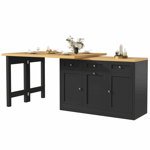 Mesa de bar extensível e dobrável com espaço de arrumação, gaveta e tabuleiro para snacks, suporte removível para cesto do lixo, design que poupa espaço para apartamentos e cozinhas pequenas - Preto