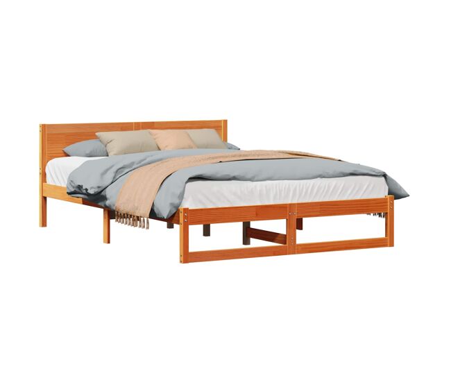Estructura de cama matrimonial estilo con cabecera marrón cera 140 x 200 cm