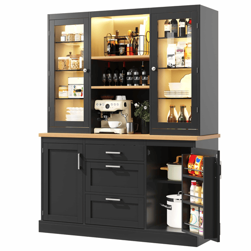 Armário de cozinha 185 x 140 x 40 cm - iluminação LED controlada por aplicação, 3 gavetas, bancada, prateleiras ajustáveis - Preto Armário de cozinha 185 x 140 x 40 cm - iluminação LED controlada por aplicação, 3 gavetas, bancada, prateleiras ajustáveis - Preto