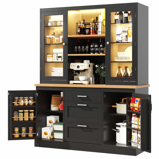 Armário de cozinha 185 x 140 x 40 cm - iluminação LED controlada por aplicação, 3 gavetas, bancada, prateleiras ajustáveis - Preto Armário de cozinha 185 x 140 x 40 cm - iluminação LED controlada por aplicação, 3 gavetas, bancada, prateleiras ajustáveis - Preto