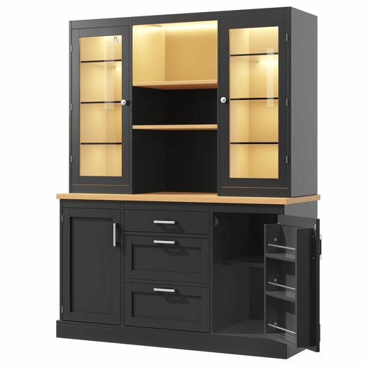 Armário de cozinha 185 x 140 x 40 cm - iluminação LED controlada por aplicação, 3 gavetas, bancada, prateleiras ajustáveis - Preto Armário de cozinha 185 x 140 x 40 cm - iluminação LED controlada por aplicação, 3 gavetas, bancada, prateleiras ajustáveis - Preto