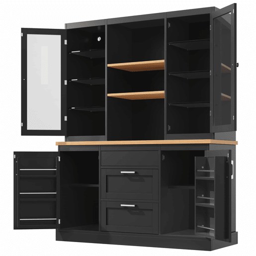 Armário de cozinha 185 x 140 x 40 cm - iluminação LED controlada por aplicação, 3 gavetas, bancada, prateleiras ajustáveis - Preto Armário de cozinha 185 x 140 x 40 cm - iluminação LED controlada por aplicação, 3 gavetas, bancada, prateleiras ajustáveis - Preto