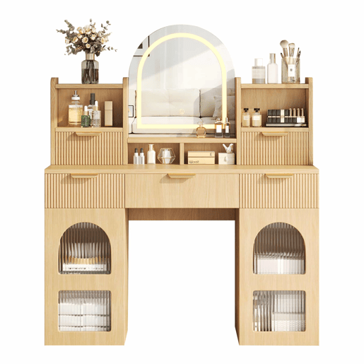 Penteadeira 120 x 40 x 139,5 cm - iluminação LED e espelho, 3 gavetas, 2 armários com portas de vidro e prateleiras - Natural