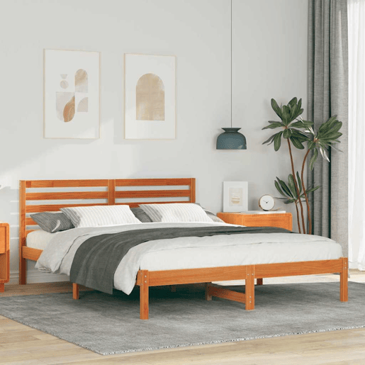 Estrutura de cama de casal simple com cabeceira - Marrom Cera 160 x 200 cm