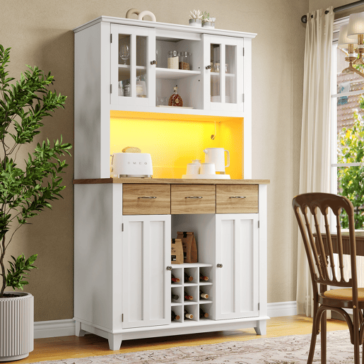 Aparador 106 x 40 x 179,5 cm - Móvel alto com prateleiras ajustáveis, aparador com iluminação LED - Branco