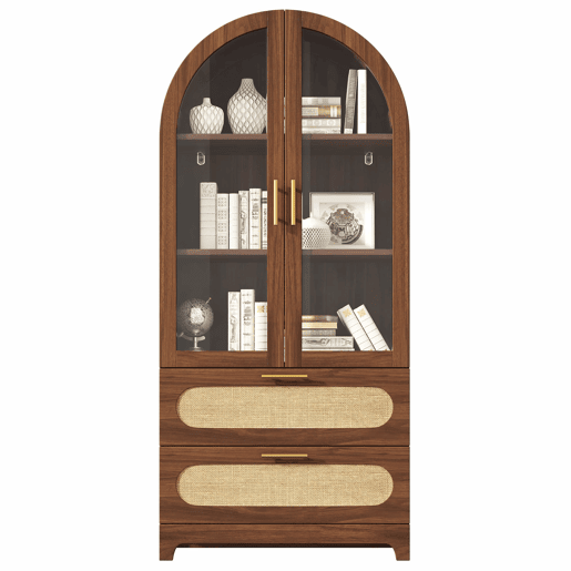 Vitrine-biblioteca 175 x 80 x 40 cm - Arco Montmartre, 2 gavetas, prateleiras ajustáveis, design retro - Nogueira