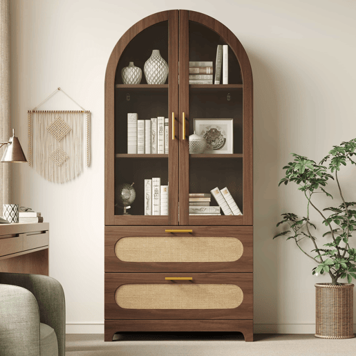 Vitrine-biblioteca 175 x 80 x 40 cm - Arco Montmartre, 2 gavetas, prateleiras ajustáveis, design retro - Nogueira