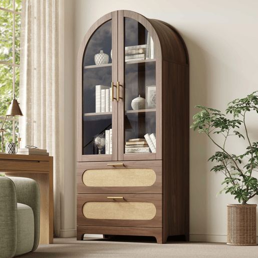 Vitrine-biblioteca 175 x 80 x 40 cm - Arco Montmartre, 2 gavetas, prateleiras ajustáveis, design retro - Nogueira
