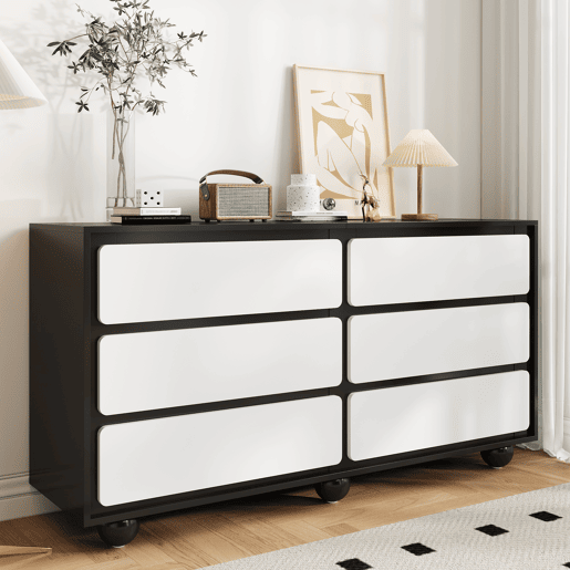 Cômoda 140x38x74,5 cm - Com seis gavetas, design moderno - Branco e preto