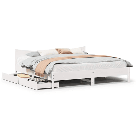 Estrutura De Cama De Casal Moderno c gavetas - 200x200 cm pinho maciço branco