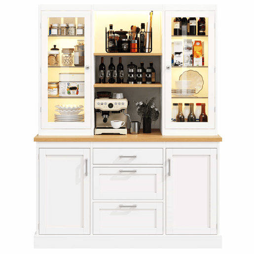 Armário de cozinha 185 x 140 x 40 cm - iluminação LED com controlo por aplicação, 3 gavetas, bancada, prateleiras ajustáveis - branco Armário de cozinha 185 x 140 x 40 cm - iluminação LED com controlo por aplicação, 3 gavetas, bancada, prateleiras ajustáveis - branco