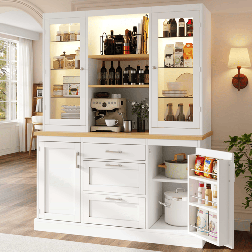 Armário de cozinha 185 x 140 x 40 cm - iluminação LED com controlo por aplicação, 3 gavetas, bancada, prateleiras ajustáveis - branco Armário de cozinha 185 x 140 x 40 cm - iluminação LED com controlo por aplicação, 3 gavetas, bancada, prateleiras ajustáveis - branco