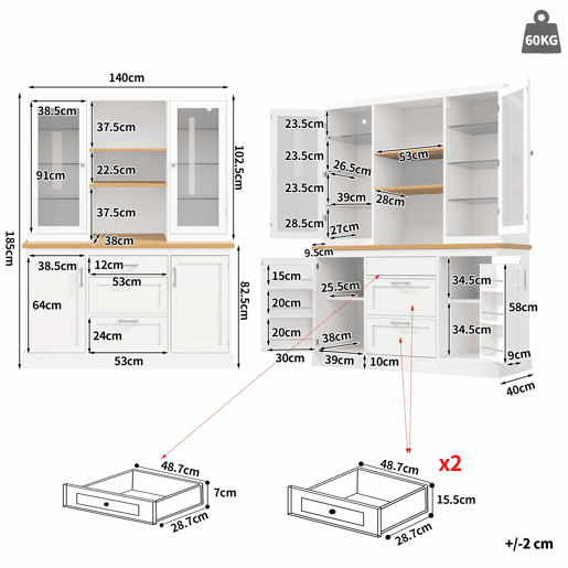 Armário de cozinha 185 x 140 x 40 cm - iluminação LED com controlo por aplicação, 3 gavetas, bancada, prateleiras ajustáveis - branco Armário de cozinha 185 x 140 x 40 cm - iluminação LED com controlo por aplicação, 3 gavetas, bancada, prateleiras ajustáveis - branco